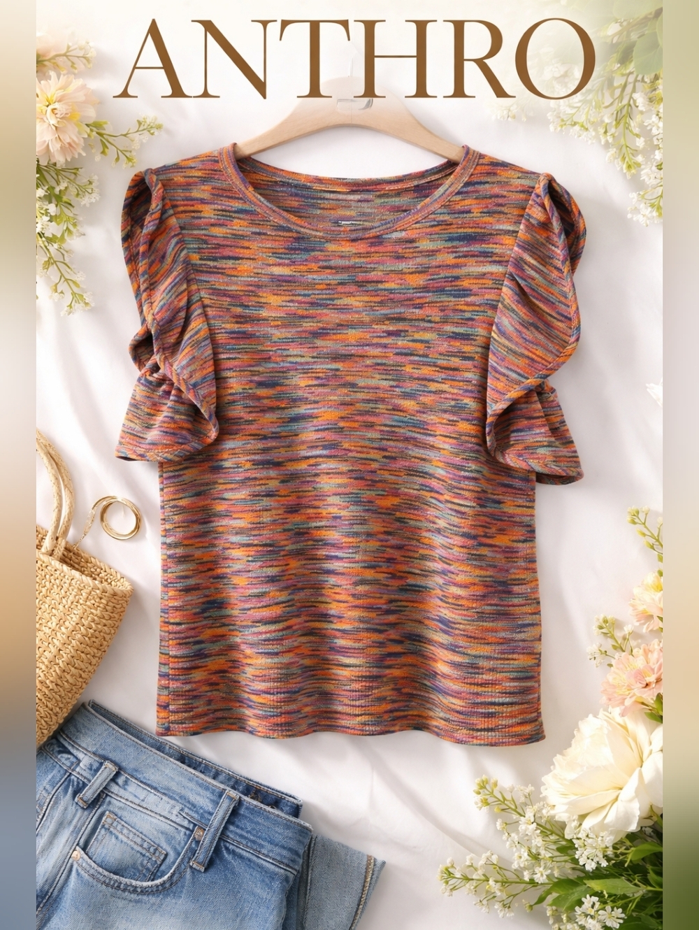 Anthro Ruby Flutter Sleeve Knit Top Multicolor Textured Sweater Tee L